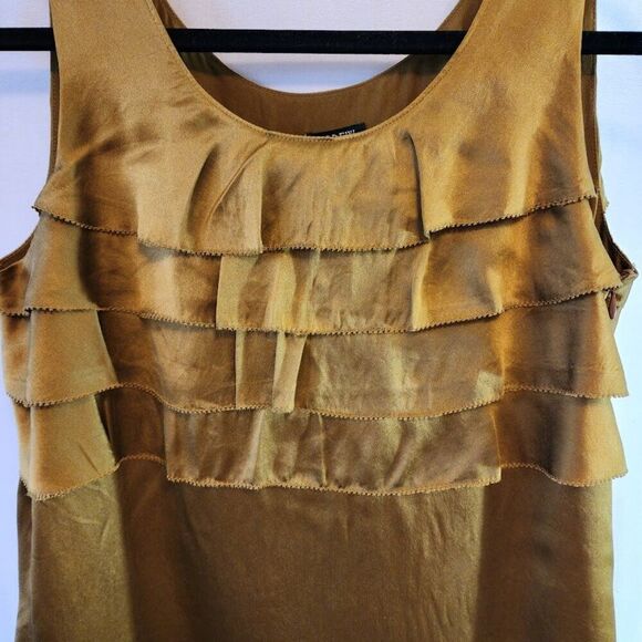 J. CREW FACT 100% SILK GOLD OCHRE BROWN TANK FRONT BACK RUFFLE SIZE 0 SIDE ZIP - Picture 2 of 7